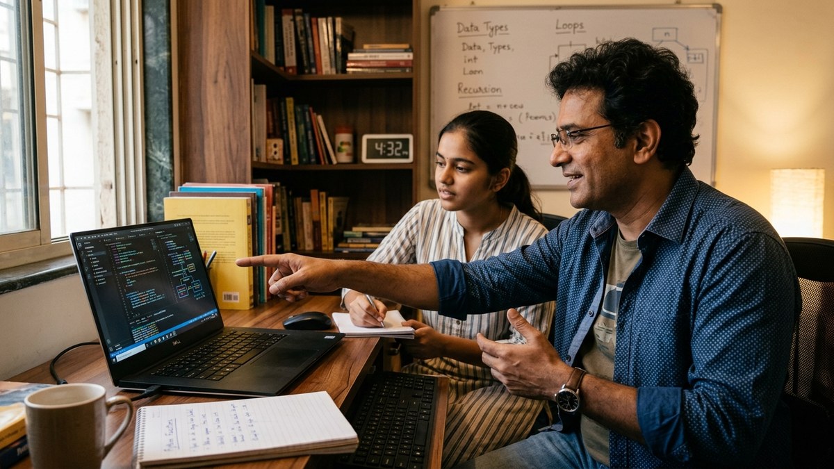 Indian educator guiding a student through AI-powered learning on a computer