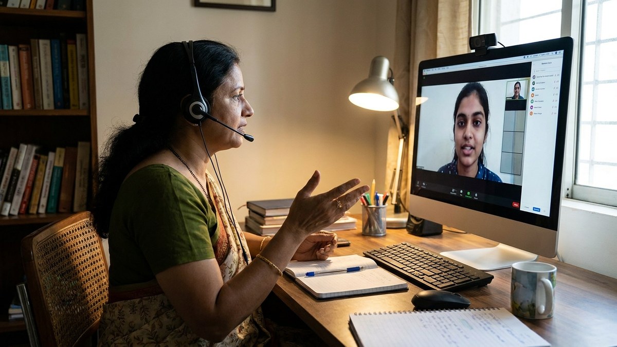 Indian educator running an online class for her home tuition business with a webcam and headset
