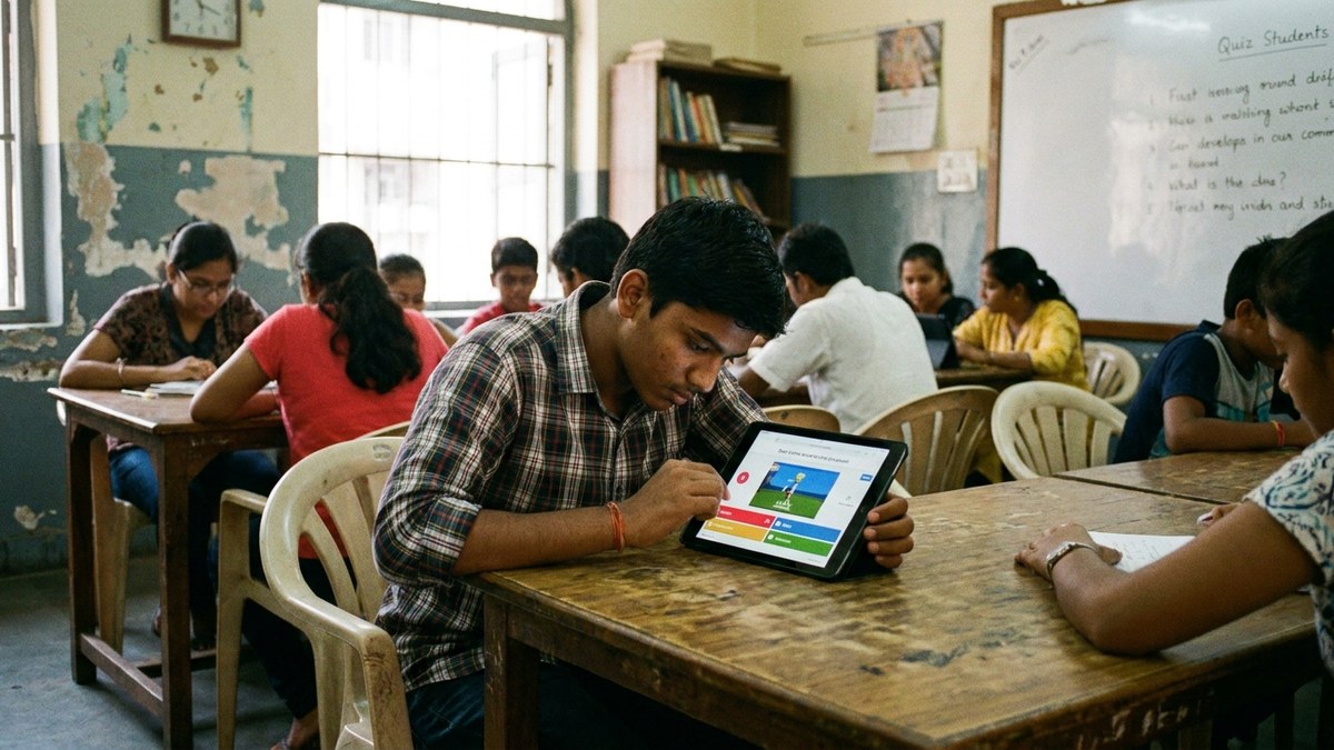Student using interactive quizzes using AI on a mobile phone in a learning centre