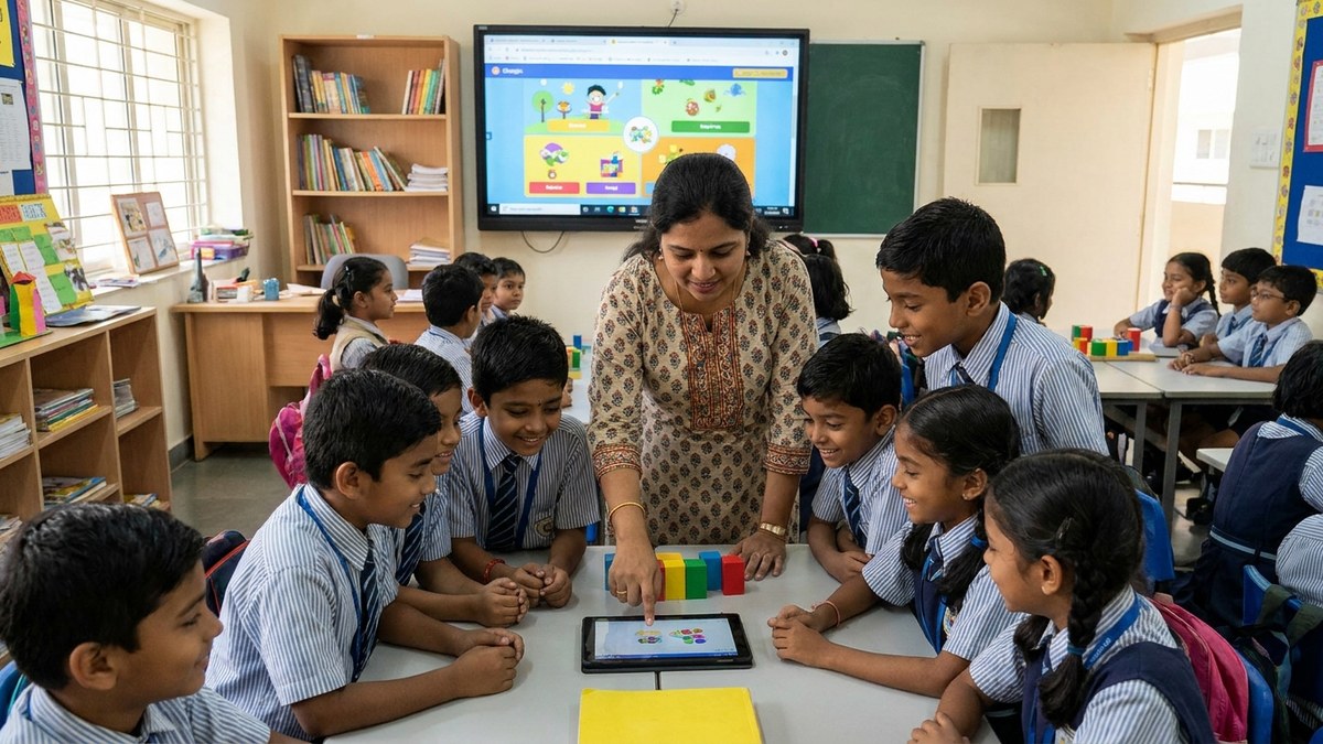 Indian teacher using interactive game-based learning with students