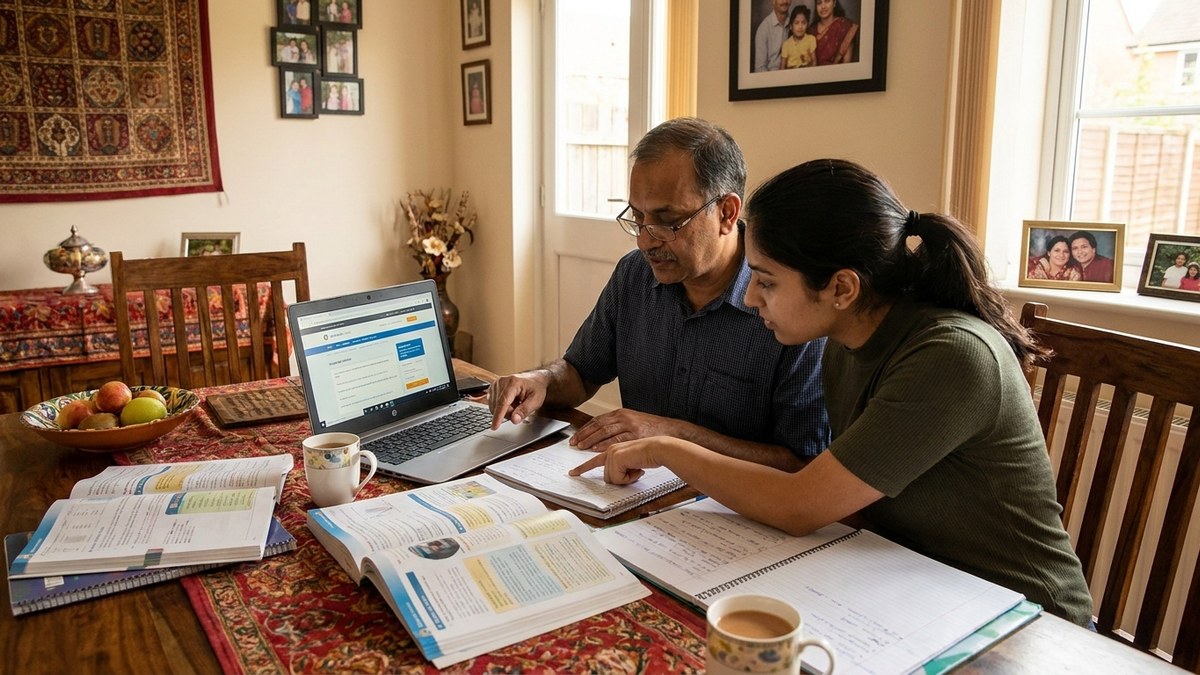 Father and daughter comparing homeschooling programs and curriculum books at the dining table