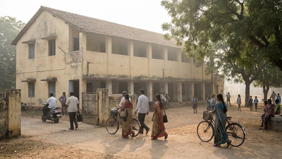 Government school building with teachers arriving for work