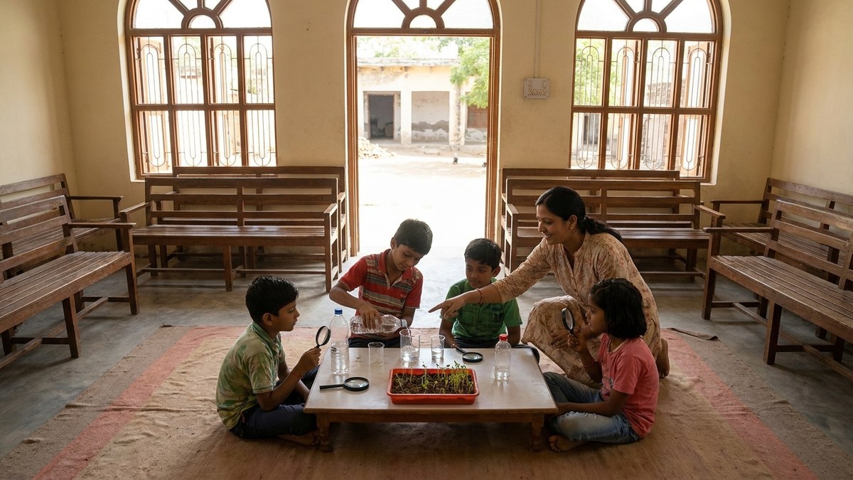 Small group of Indian children in community-based homeschooling programs doing a science activity