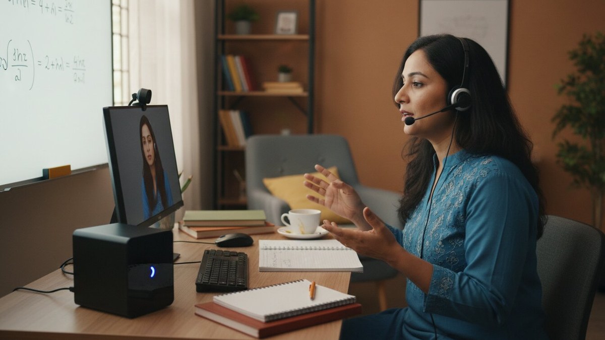 Indian teacher conducting online class on Mini PC with webcam and headset at home learning pod