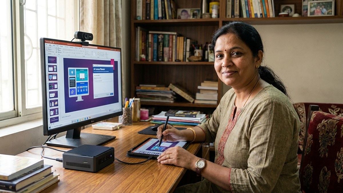 AI education tools in action: educator preparing lesson slides on a Mini PC