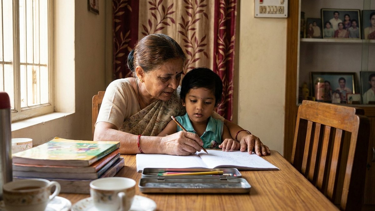 Child writing while tutor guides
