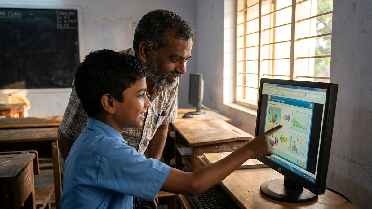AI in education examples showing a teacher using AI classroom tools with students in an Indian school setting