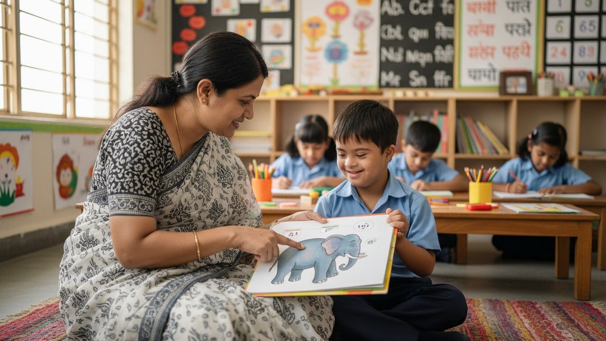 Indian teacher helping a student with special needs in classroom