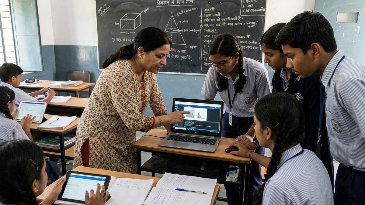 Indian teacher demonstrating AI tools to prepare students AI job market India creates