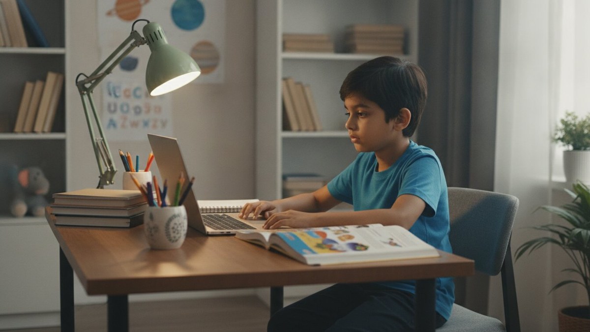 Indian child studying at an organised home desk with books and laptop