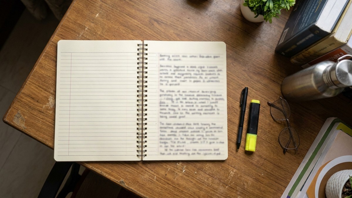 Open notebook laid out in the cornell method style with a narrow left cue column