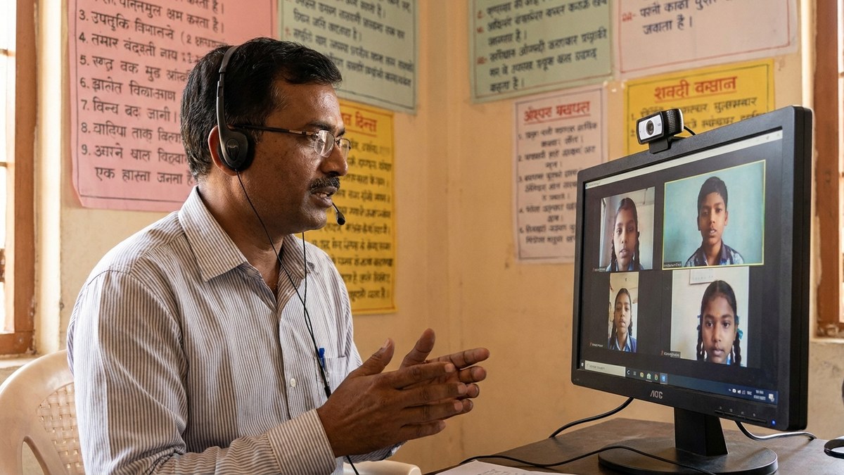 Indian tuition teacher conducting online class with students using digital learning software