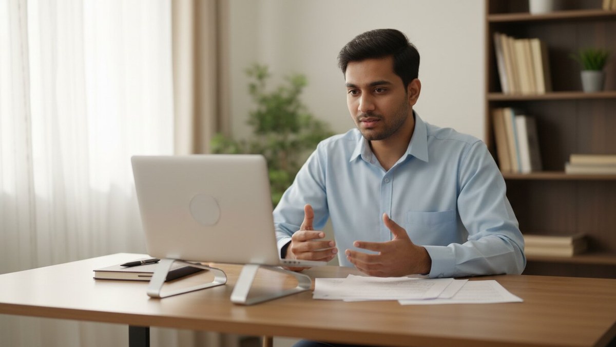 young Indian fresher practicing interview answers in front of a laptop webcam at home, mock interview practice, job interview mistakes freshers