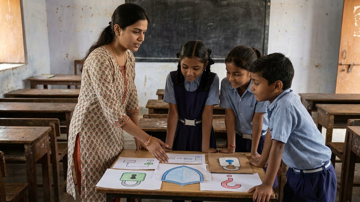 Teaching digital literacy with props: Indian school teacher using hand-drawn paper diagrams, no screens visible