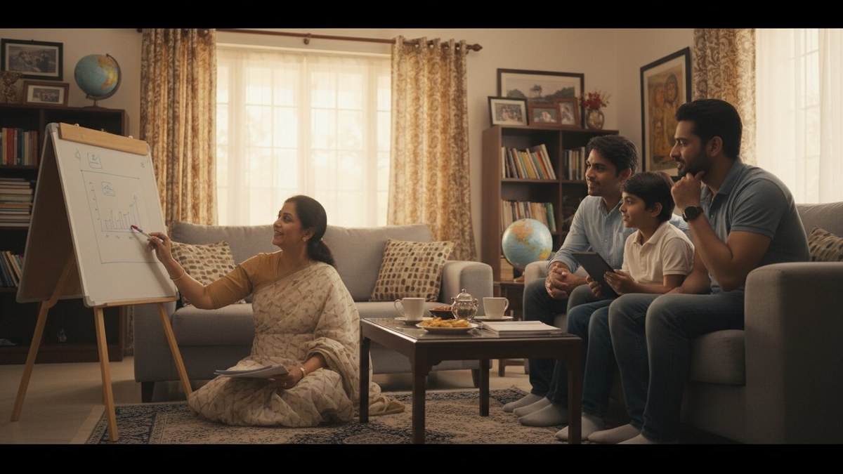 Indian family discussing education plans together at home