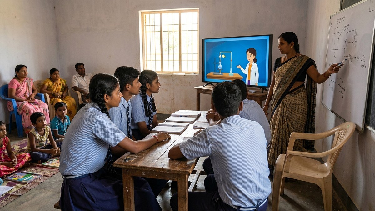 Indian students watching educational video while teacher explains at whiteboard