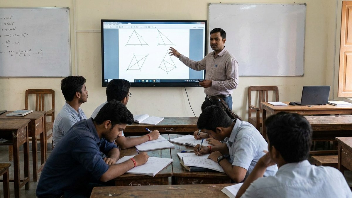 Indian educator teaching mathematics to students using a computer