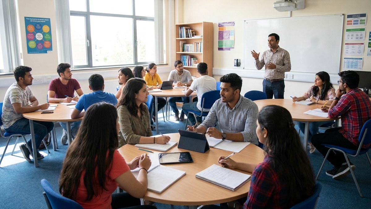 Indian students actively participating in group discussion in organized classroom