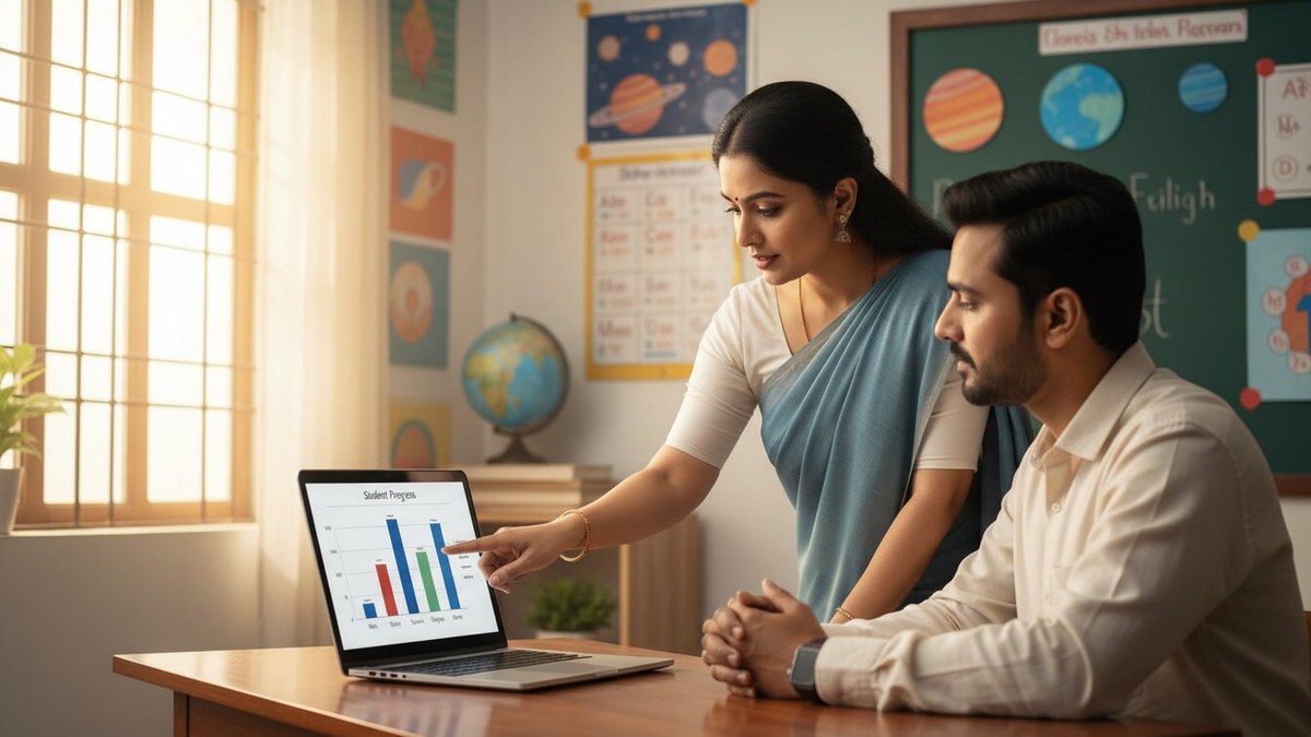 Teacher showing student data project chart to parents during school demo