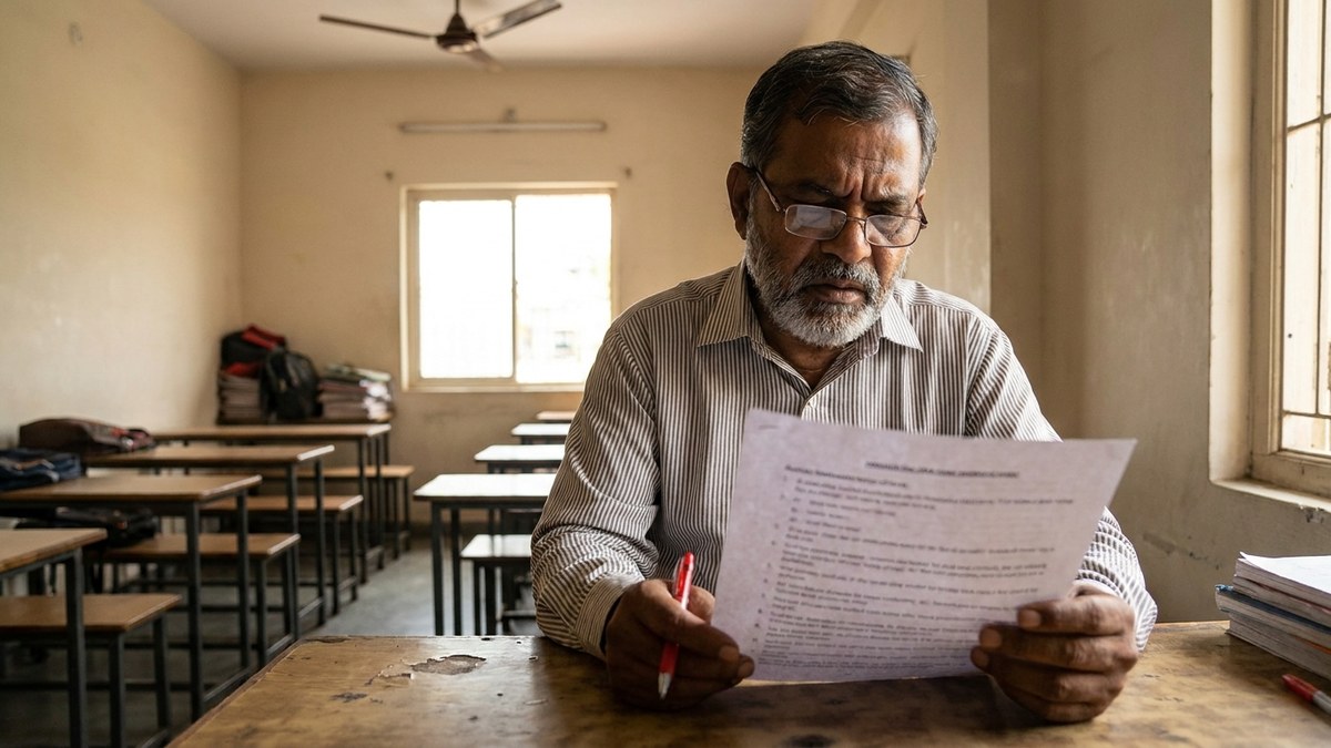 Indian tuition teacher reviewing an exam paper at a home tuition centre