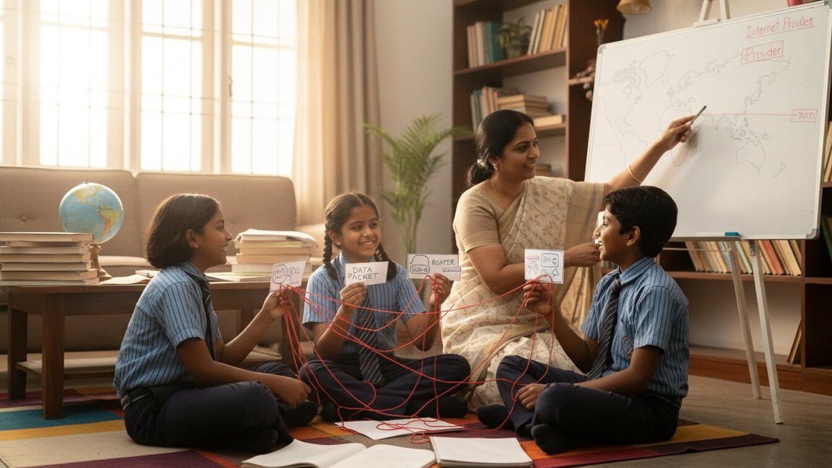 Teaching digital literacy offline: Indian children using paper cards and red string as an internet network game