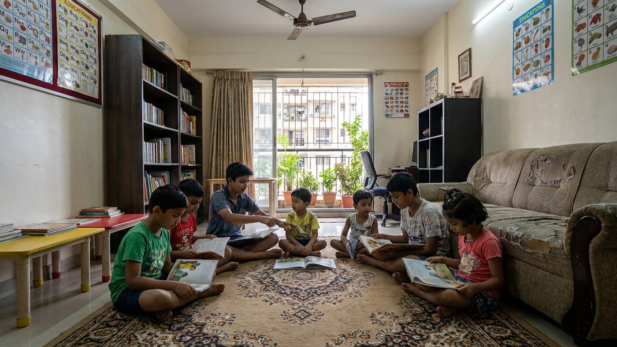 homeschool co-op India children of mixed ages sitting in a circle reading together in a living room converted into a learning space