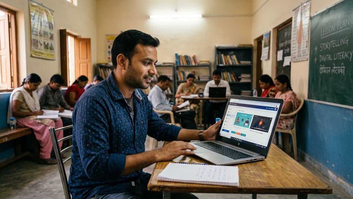 Indian educator training on digital learning tools in a community centre