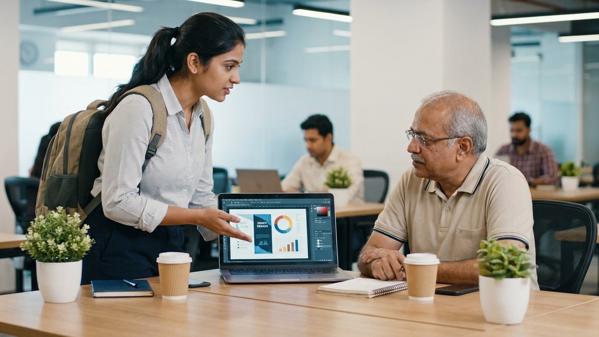 Indian young professional showing their portfolio to a mentor while growing their personal brand LinkedIn students India