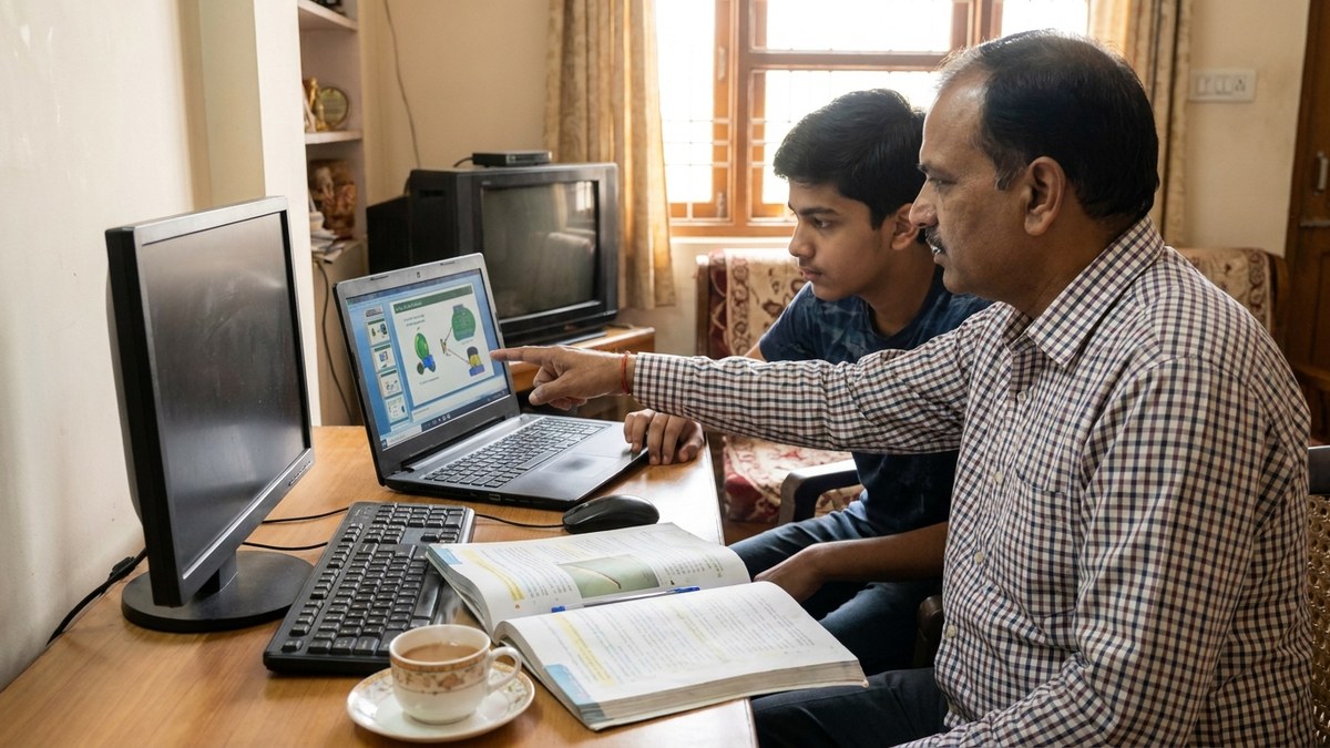 Indian teacher using AI MCQ generator tool on computer