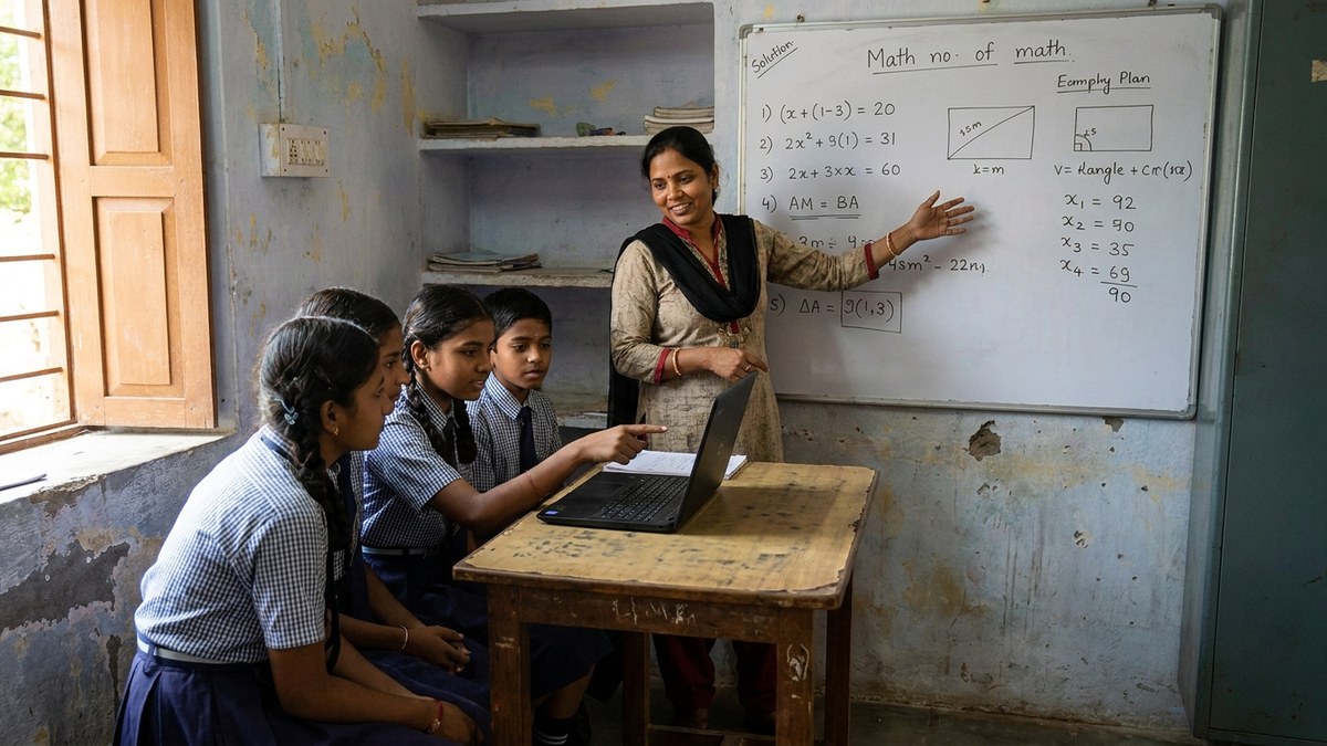 Indian educator teaching students with laptop in a tuition centre