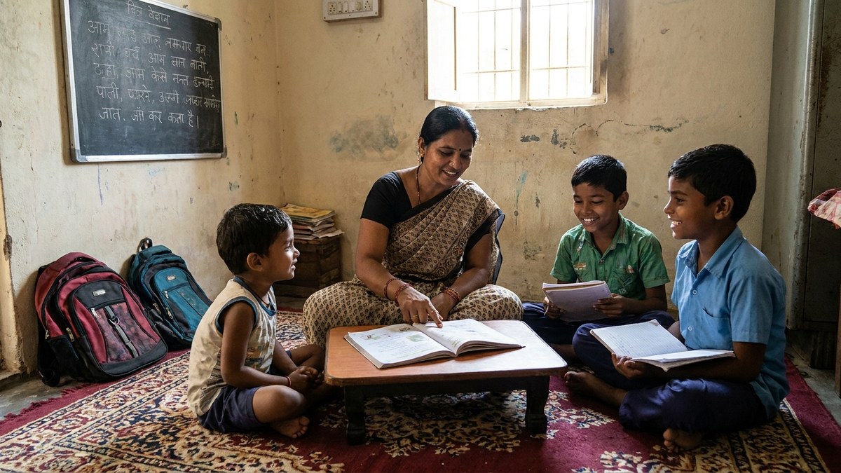 Indian woman teaching children in home classroom setting