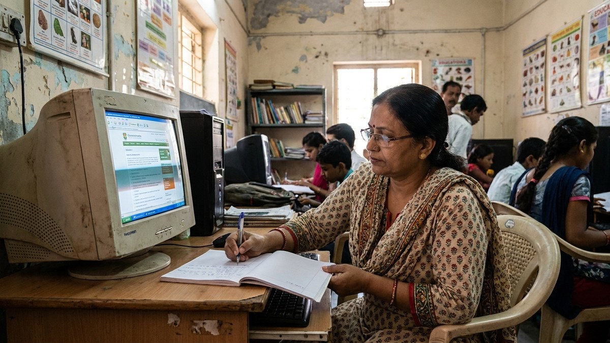 Educator writing lesson notes beside desktop computer