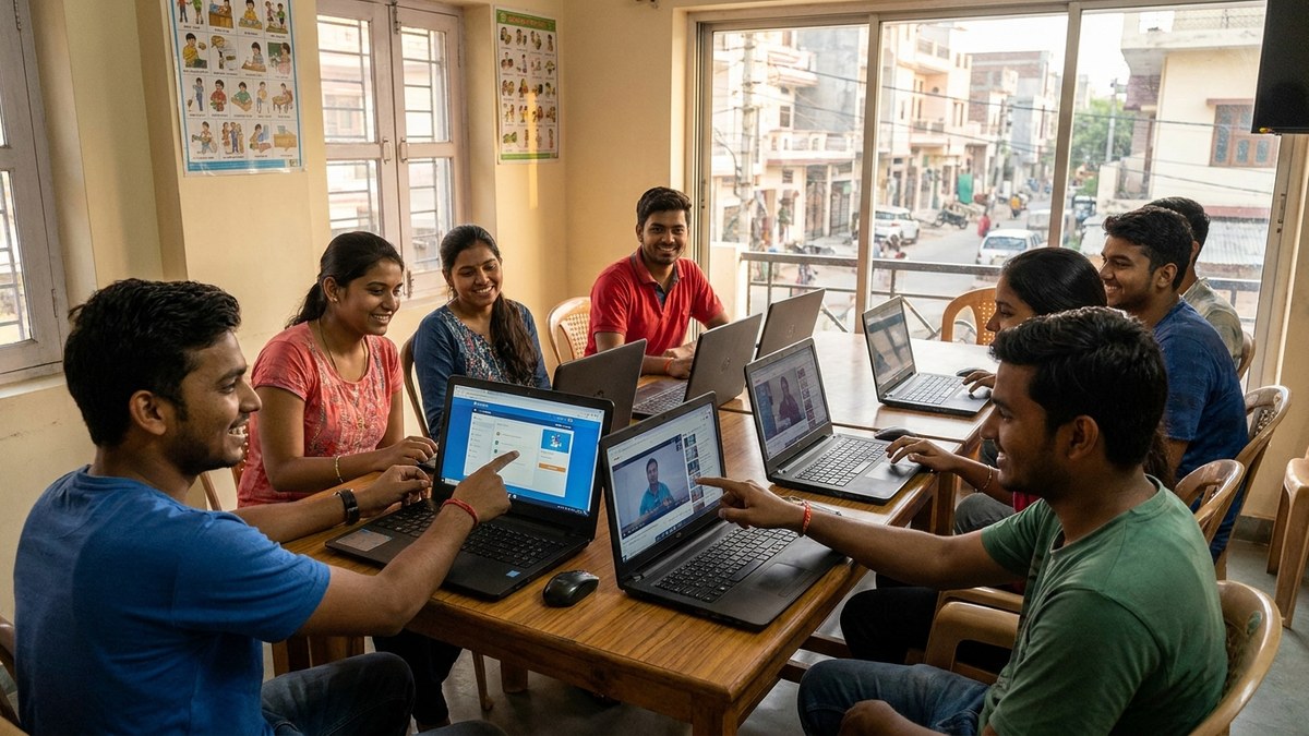 Young Indian learners completing the Skill India Digital register on laptops in a digital learning lab