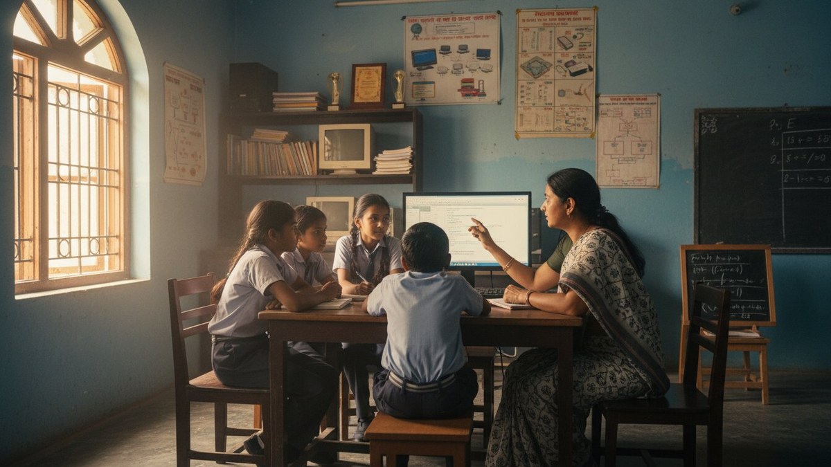 Indian tuition teacher helping students learn to code in the age of AI at a community learning centre