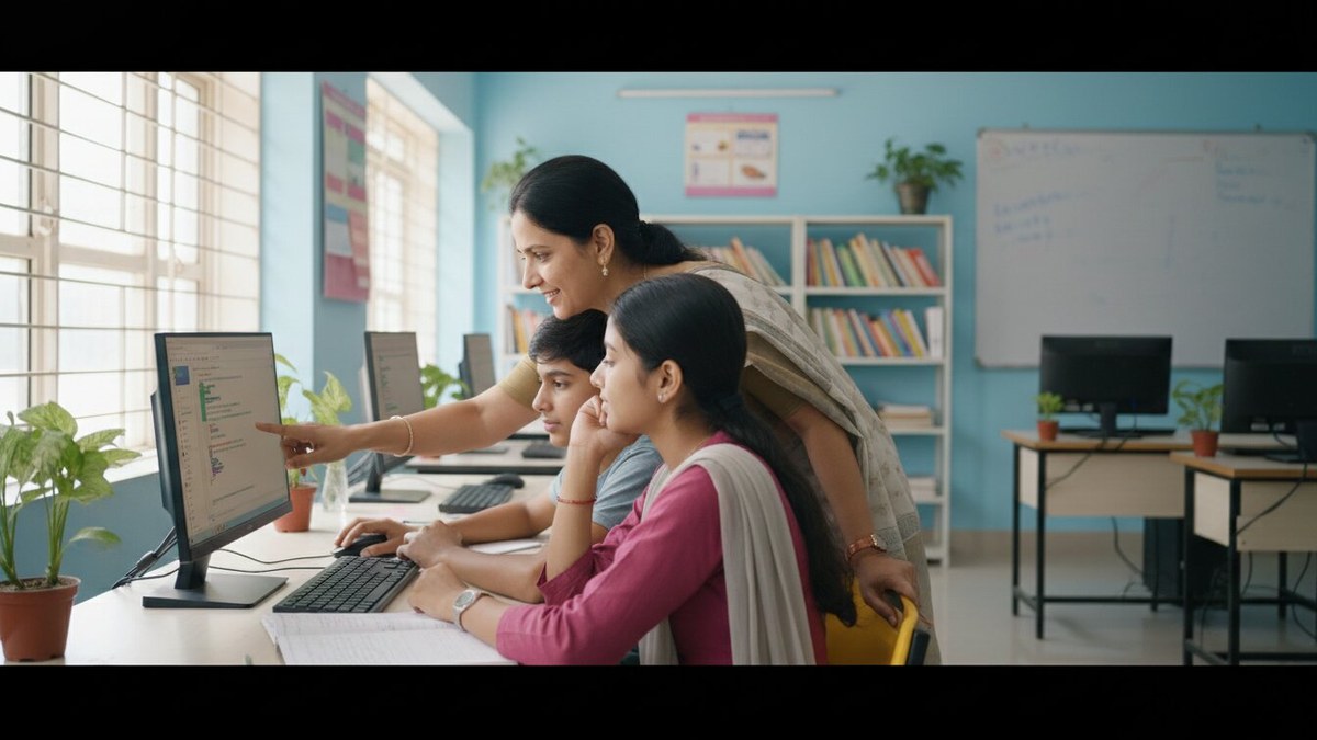 Indian teacher guiding students through the best computer courses after 10th for high salary at a community learning centre