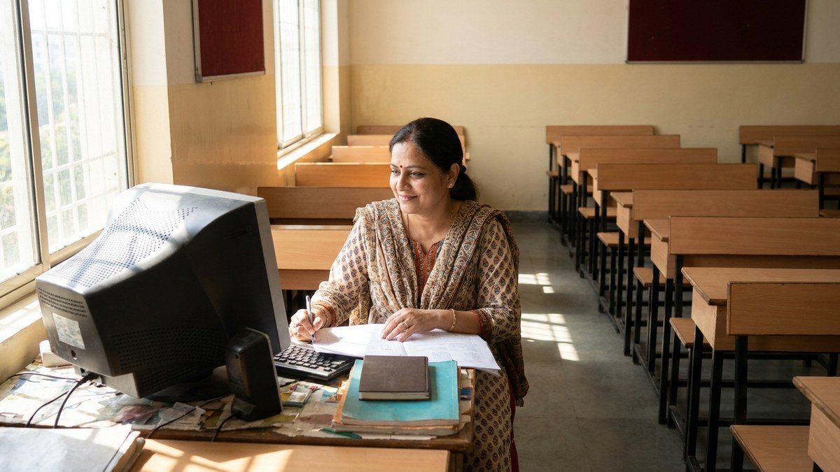 Indian teacher working on ChatGPT lesson planning on desktop computer in classroom