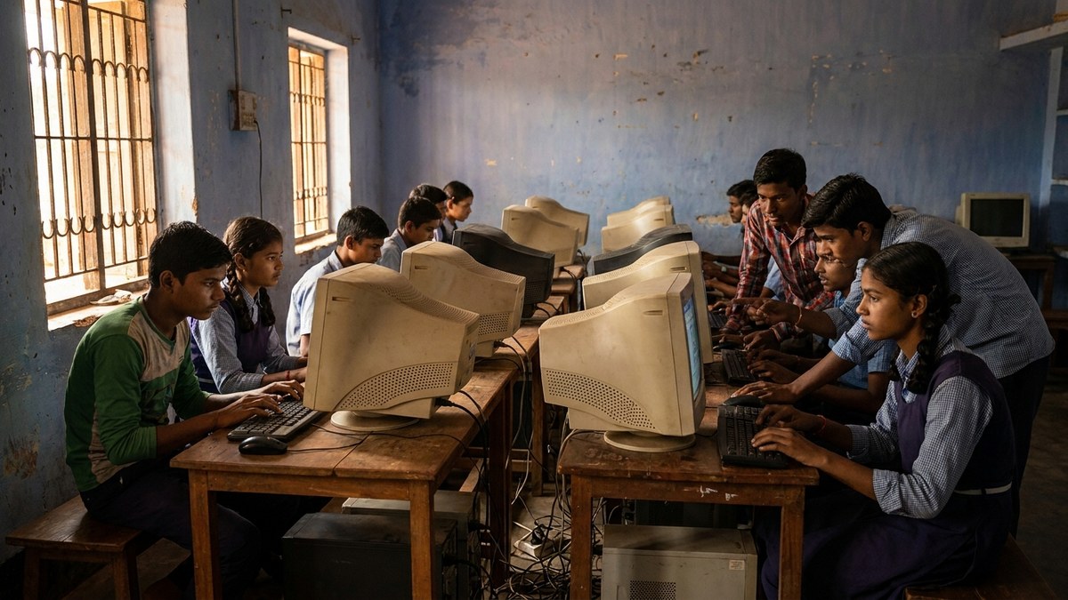 Indian teenage students practicing computer skills in a classroom