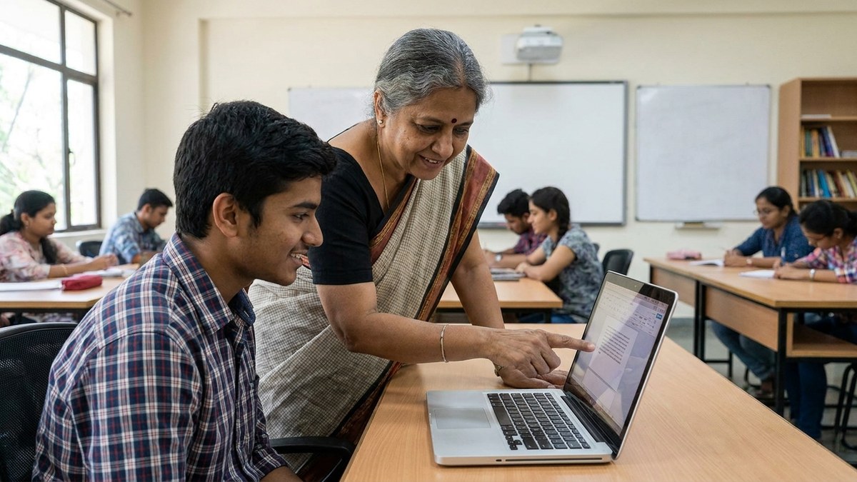 Indian educator guiding student with academic writing on laptop in classroom