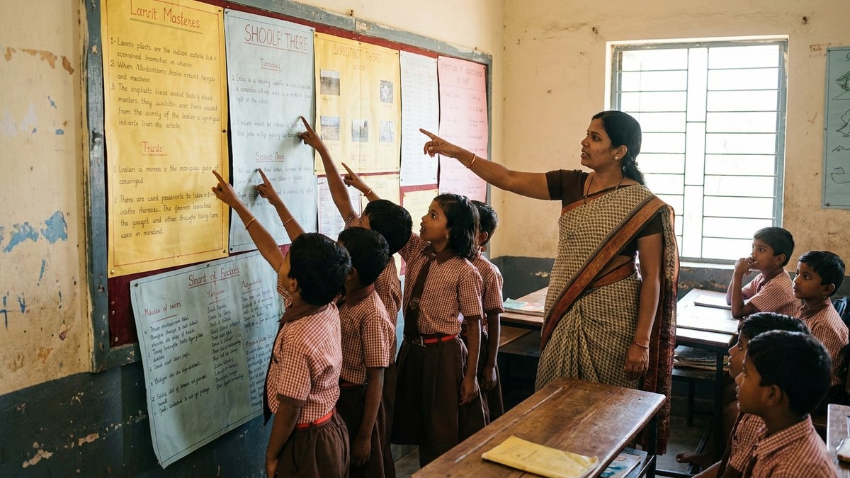 Indian children presenting their project work on a classroom wall display