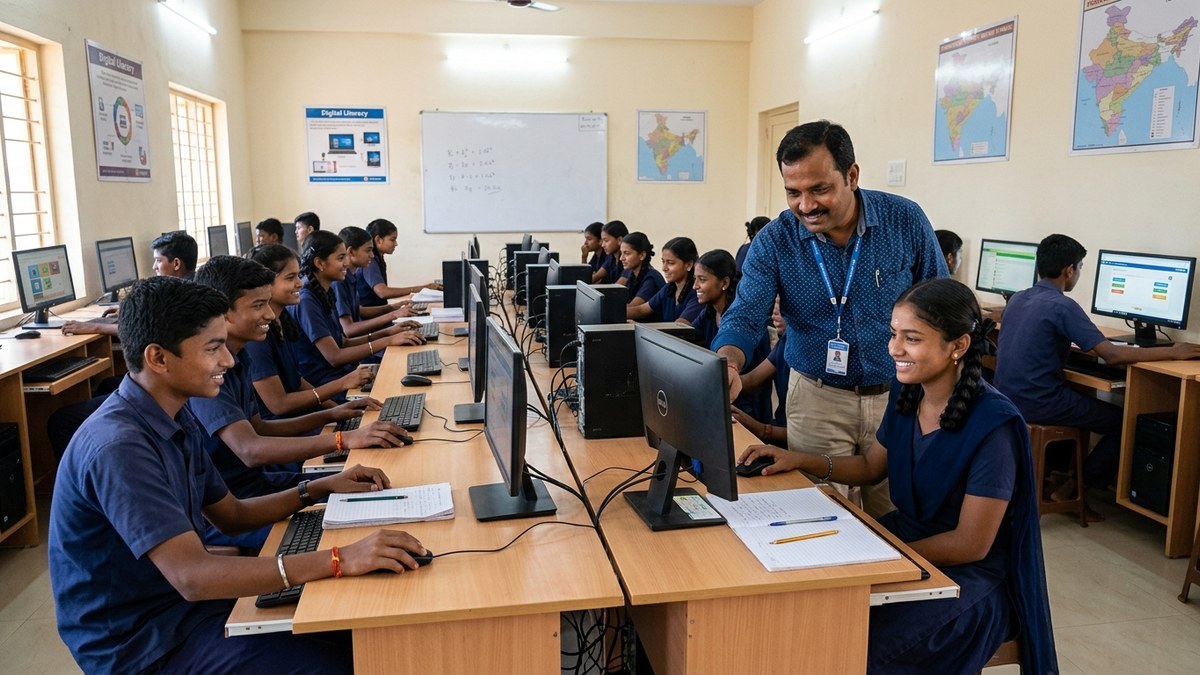Indian POD centre with educator and students using computers