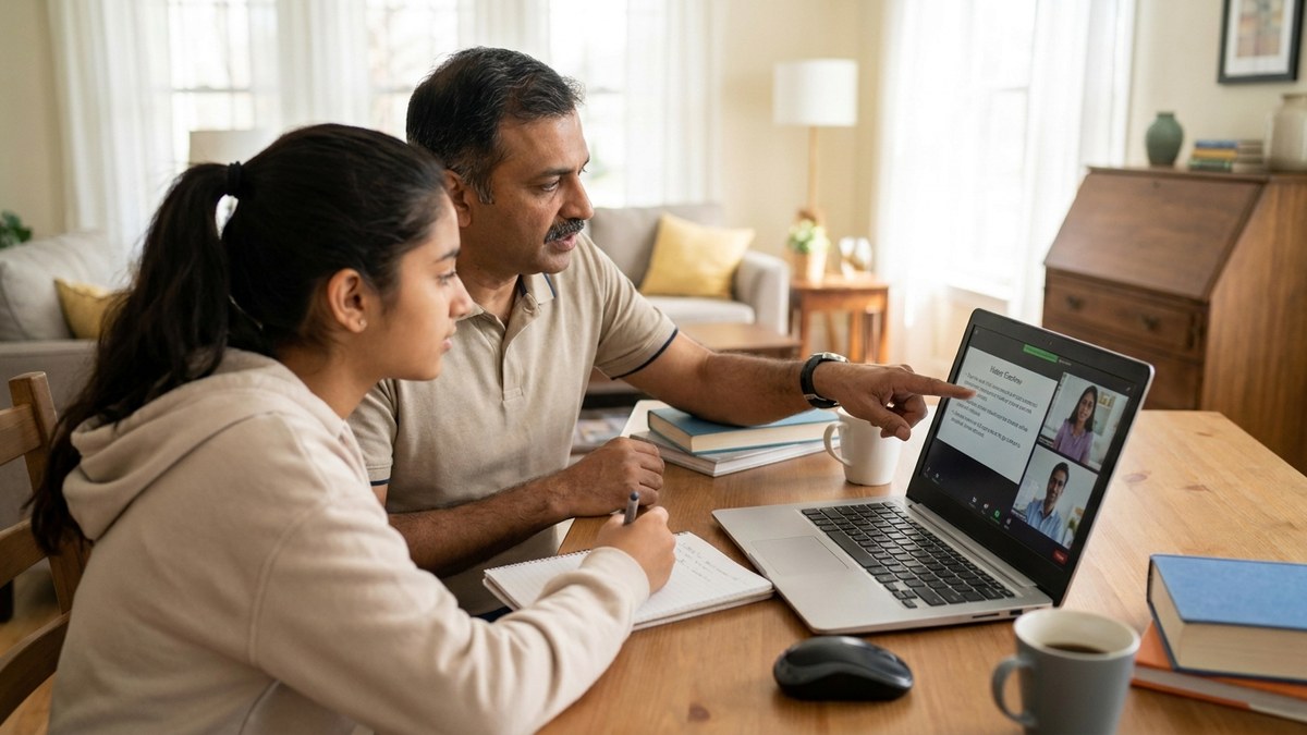 Indian father guiding teenage child through online learning on computer at home