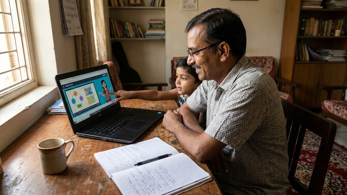 Parent using laptop for home schooling lessons in India