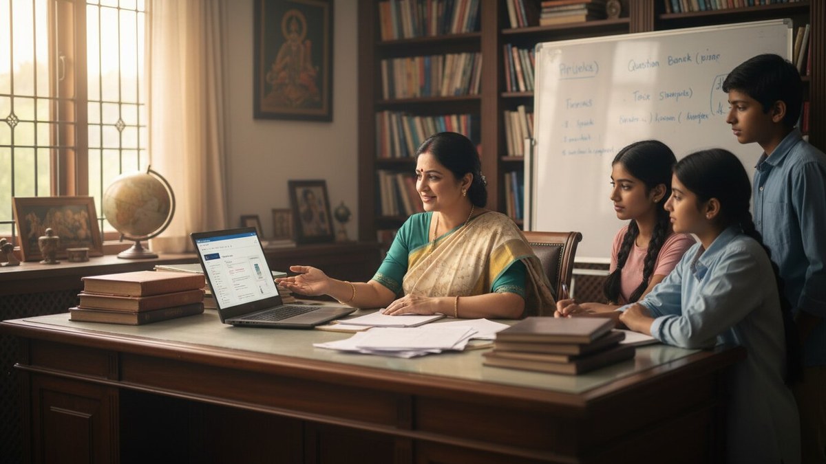 Indian educator reviewing exam papers and question banks on laptop
