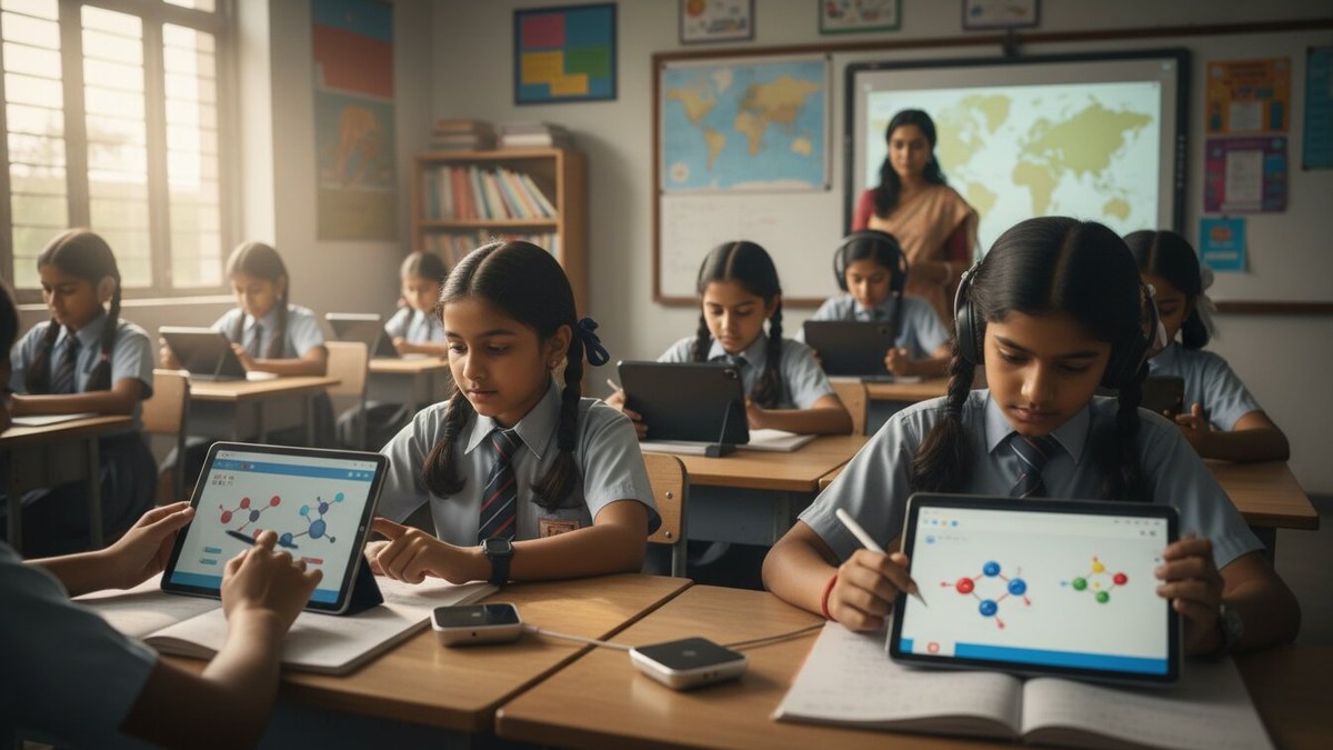 Indian students using tablets and digital learning tools in school