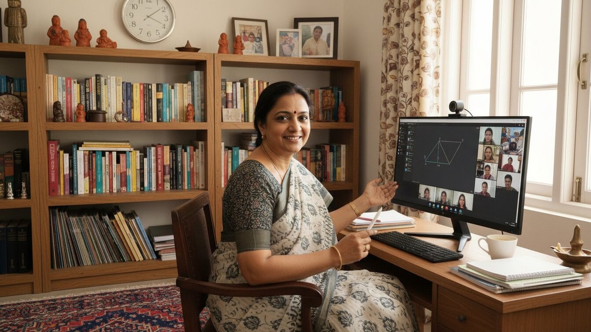 Indian teacher conducting live online class on desktop computer in home study room