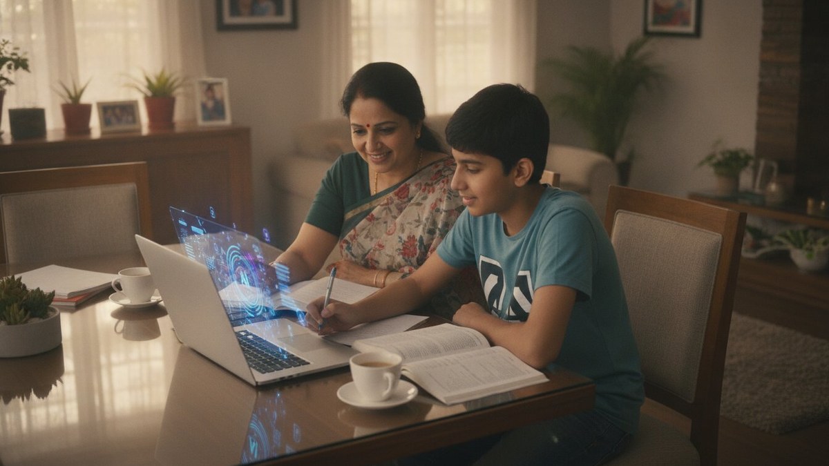 Parent helping child with homework using Gemini AI on a laptop