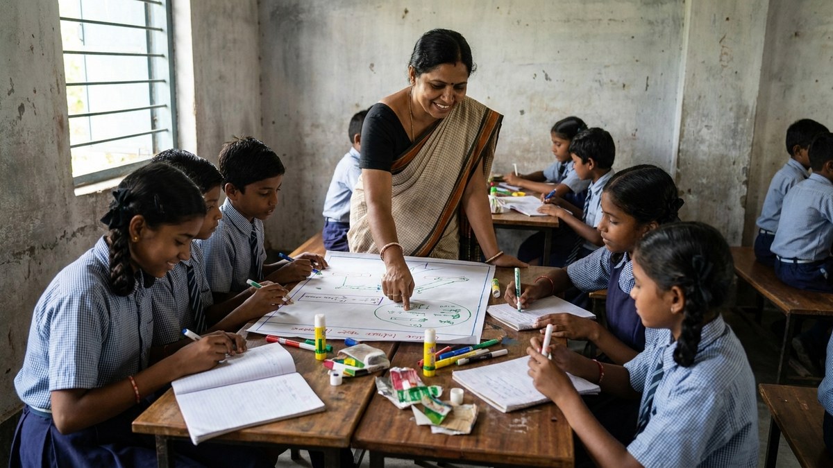 Indian teacher guiding students through a group project with charts and materials