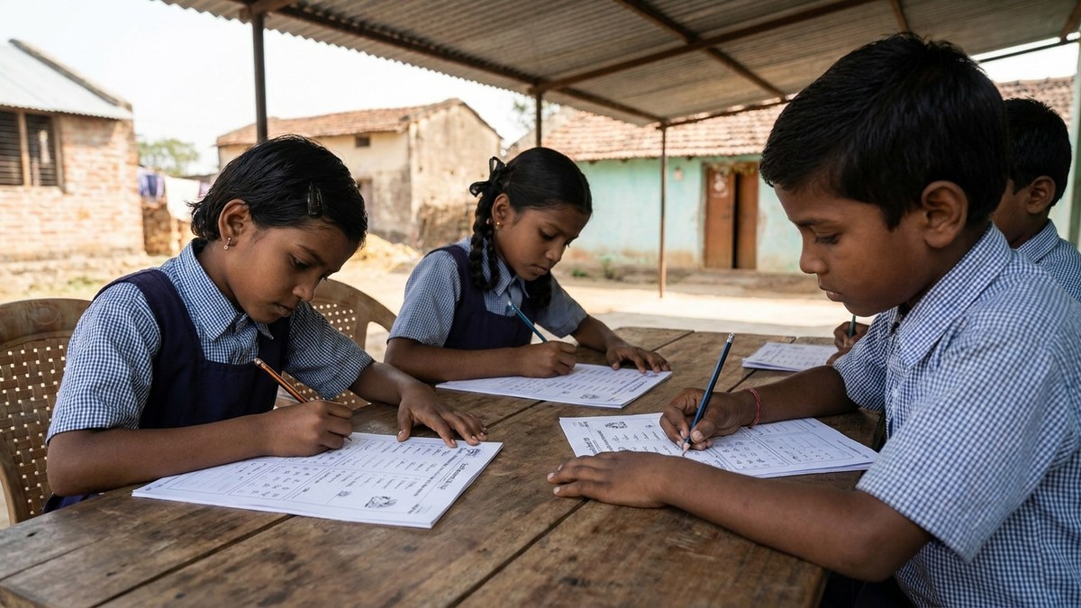Indian children working on printed worksheets at community learning table