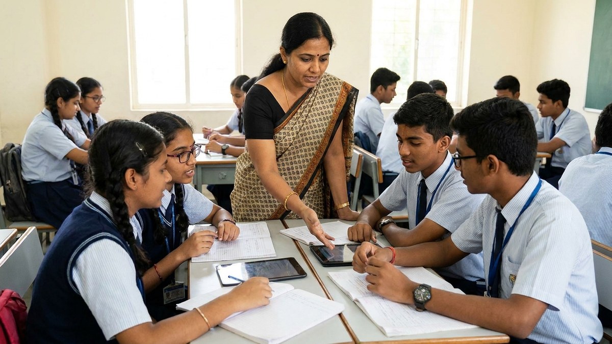 Indian educator guiding students in a peer learning activity