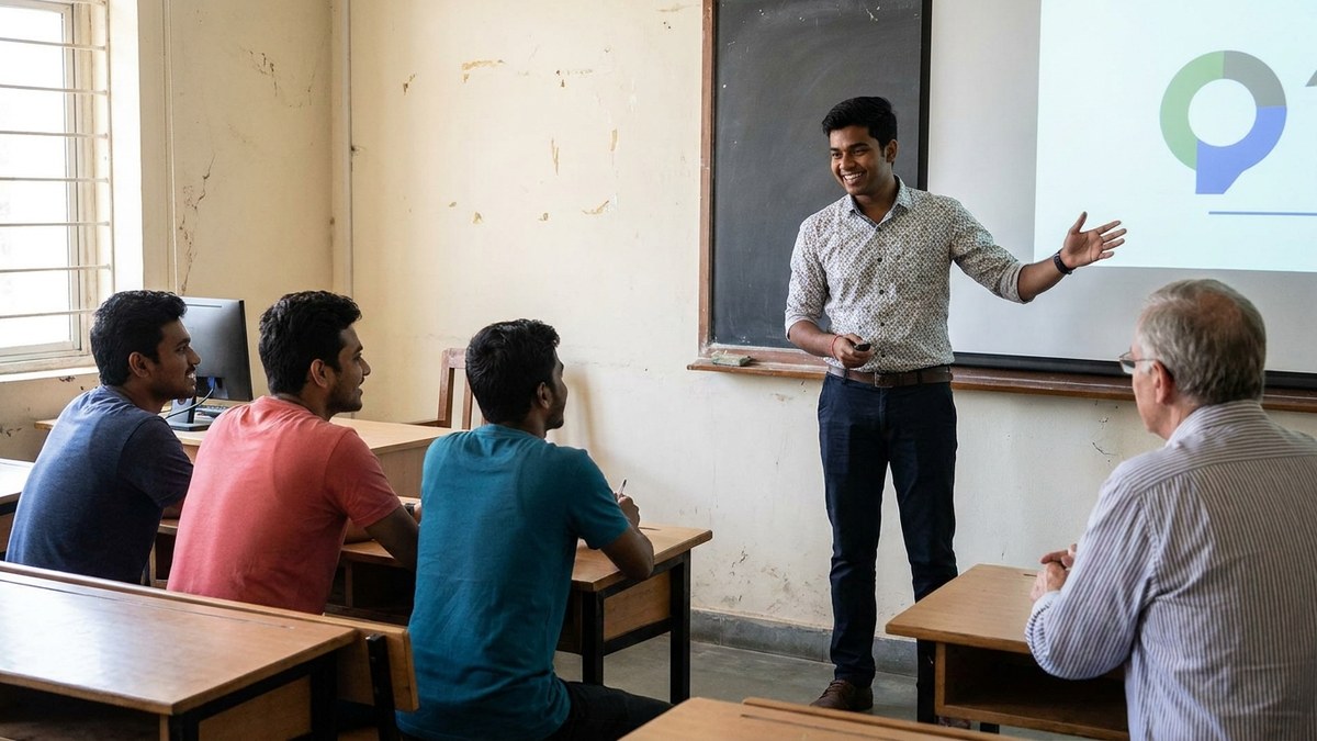 Indian student practising communication skills by presenting to a classroom group